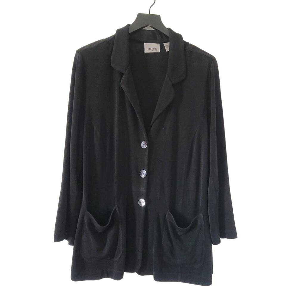 Chicos Travelers Black Cardigan Slinky Button Pockets Shoulder Pads Casual L